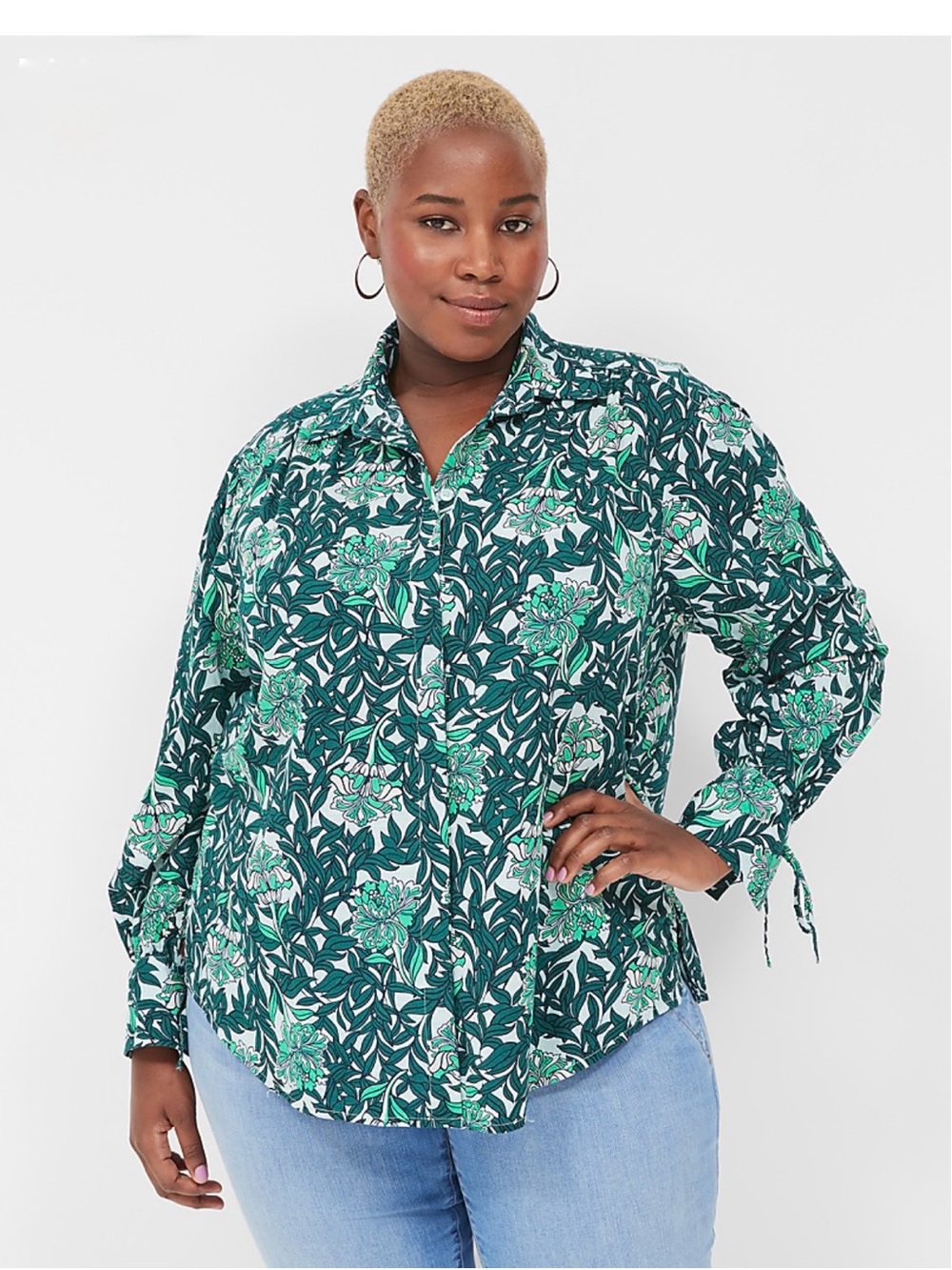 Lane Bryant Green Floral Button-Down Shirt
